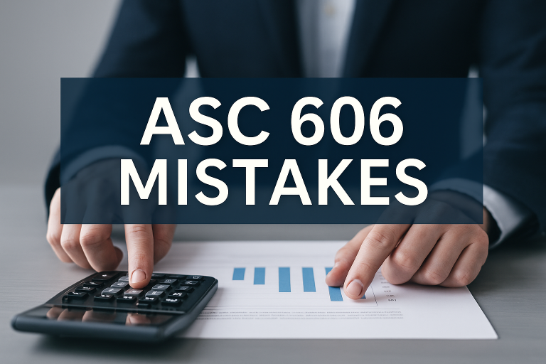 Hands of a professional reviewing financial data with a calculator and bar graph, highlighting ASC 606 mistakes.
